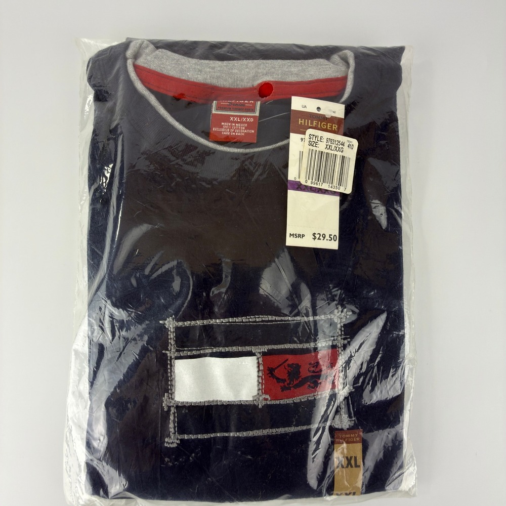 Y2K 90s Tommy Hilfiger Denim Mens XXL Navy Blue Long Sleeve Shirt Flag‎ Lion NWT